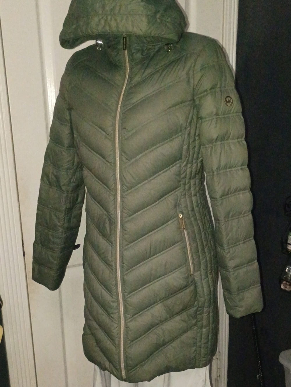 Michael Kors Olive Green Chevron Quilted Hooded Puffer